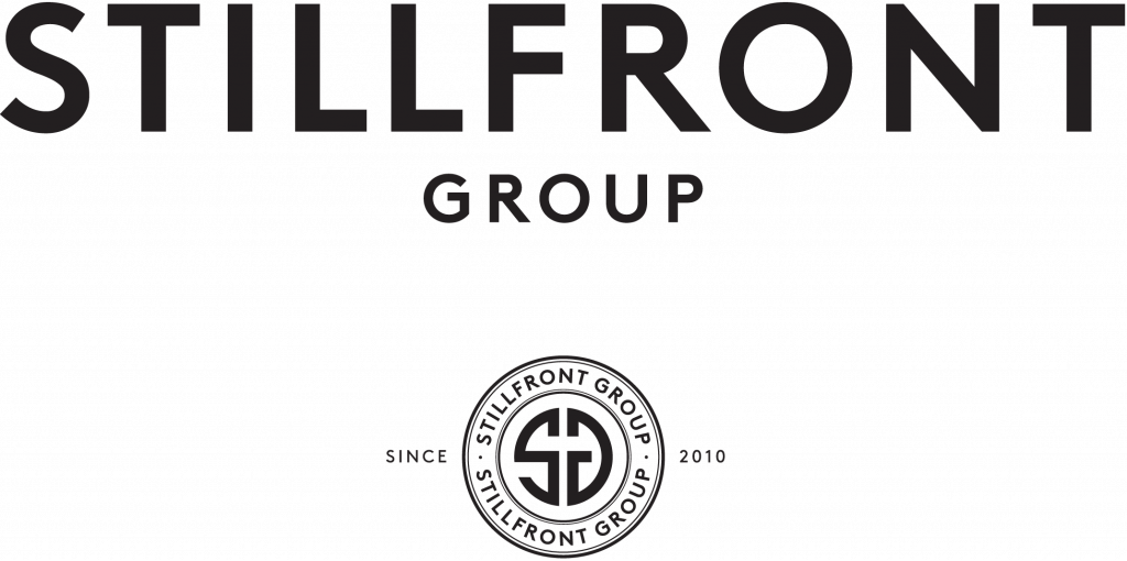 Stillfront group corporative logo. It shows the name in black letters and below it there's the isologo, a S and an vertically flipped G together inside a circle, around it it's written "stillfront group" and "since 2010