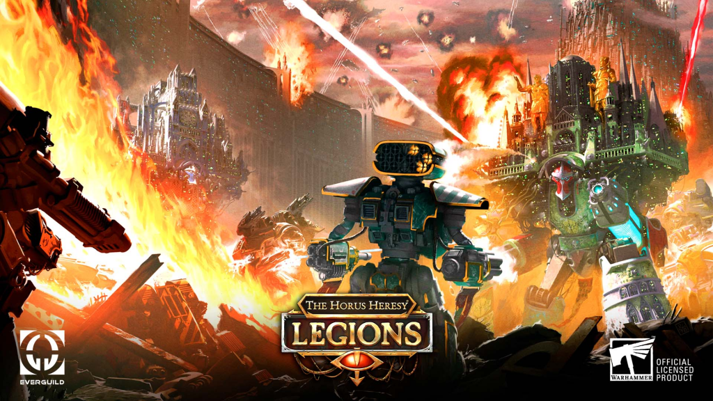 Warhammer Titans are fighting between themselves. A lot of fire, laser guns and explosions fill the image. In the centre, we can see a small Titan with a grenade launcher firing at a colossal titan that carries a cathedral over its shoulders. More are fighting in the background. In the bottom of the picture there are the logos of: Everguild, the developer, The Horus Heresy Legions, the name of the game, and the Warhammer official Licensed Product badge.