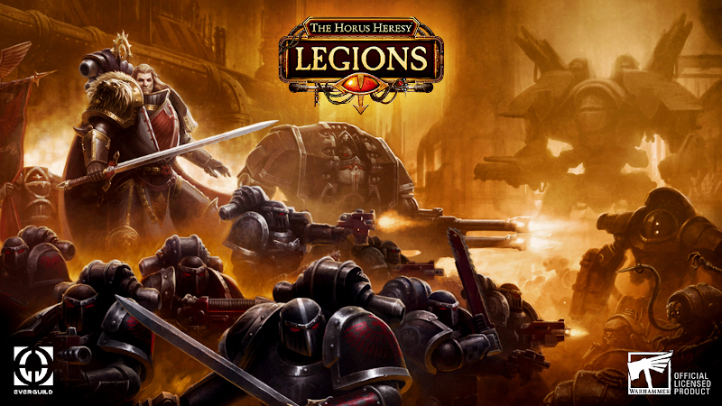 It's a picture of a battle. There are big armoured Warhammer units wielding swords and firing their machine guns. On the left corner, a character is highlighted. He's Lion El'Jonson, the Dark Angel, looking straight at the camera and holding the sword.
On the centre top, over the picture, there's the logo of Horus Heresy: Legions. On the bottom corners, there are the Everguild and Warhammer Official Licensed Product logos.