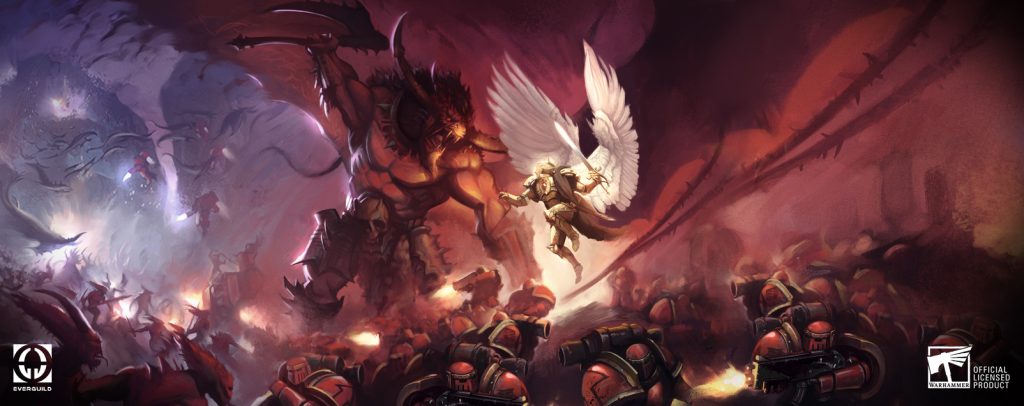In the centre of the picture, Sanguinius the blood angel is fighting against Ka'Bandha the daemon of Ruinstorm. Around them, other units in big red armour suits are fighting against daemons.   On the bottom corners, there are the Everguild and Warhammer official licensed product logos.