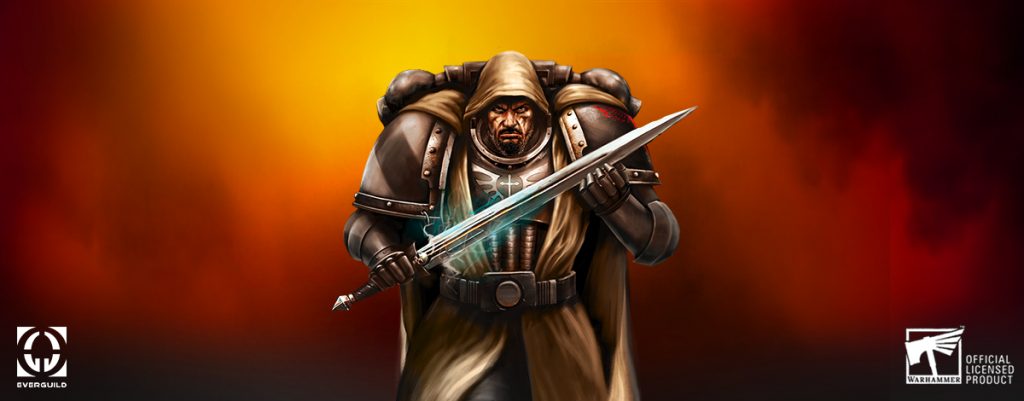 A picture of Sar Luther, Grand Master of Caliban. He's looking straight at the camera with a challenging expression. His right hand is wielding his shinning sword. The sword's blade is resting on his left hand. The background is a mixture of red, whine and orange tones. On the bottom corners, there are the Everguild and Warhammer official licensed product logos.